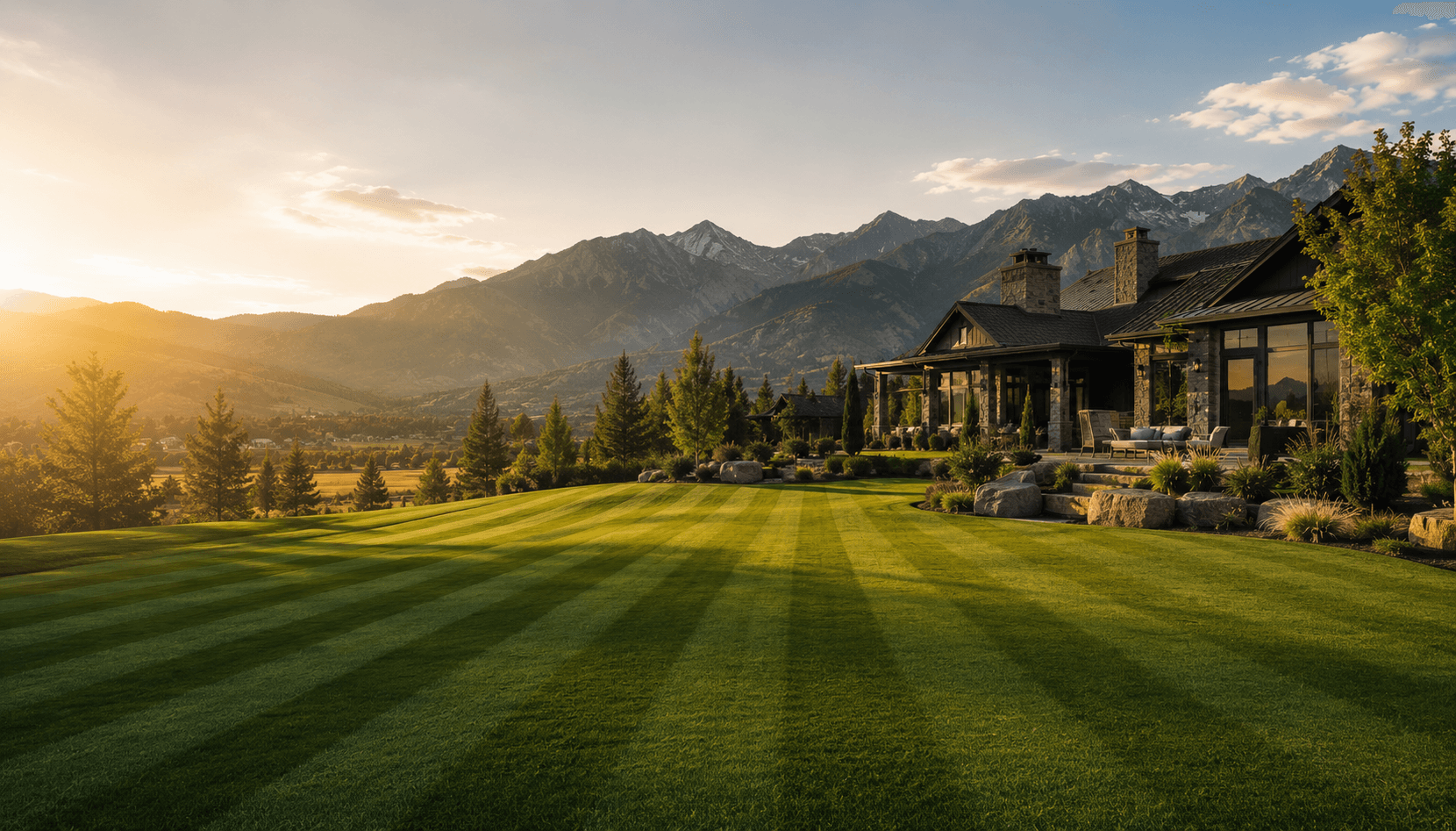 Luxury Utah mountain home with a perfectly striped lawn at golden hour